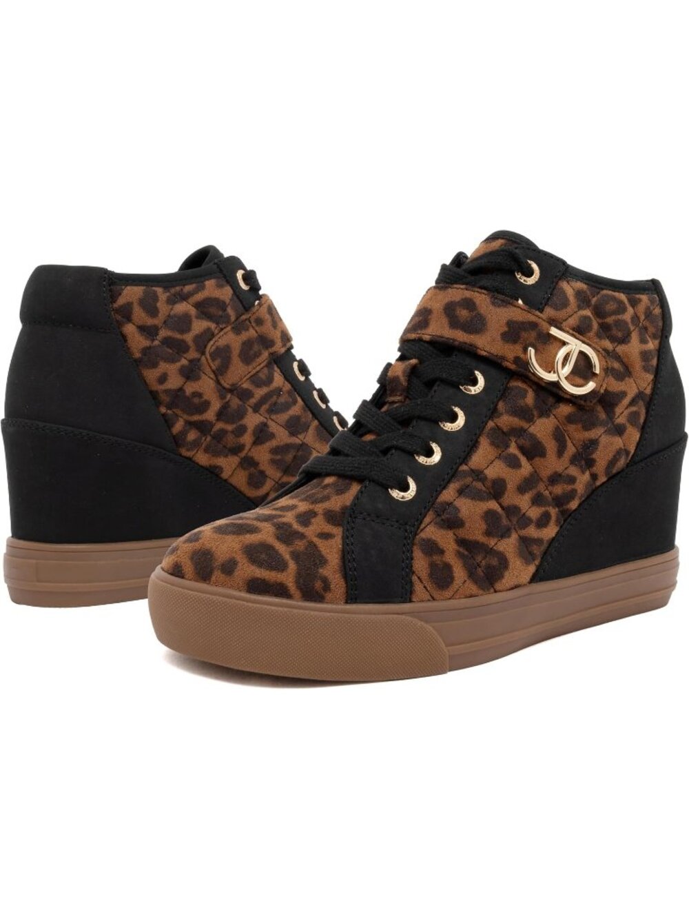 Women's Black Leopard Faux Leather Platform Wedge High-Top Fashion Sneakers - Picture 6 of 6